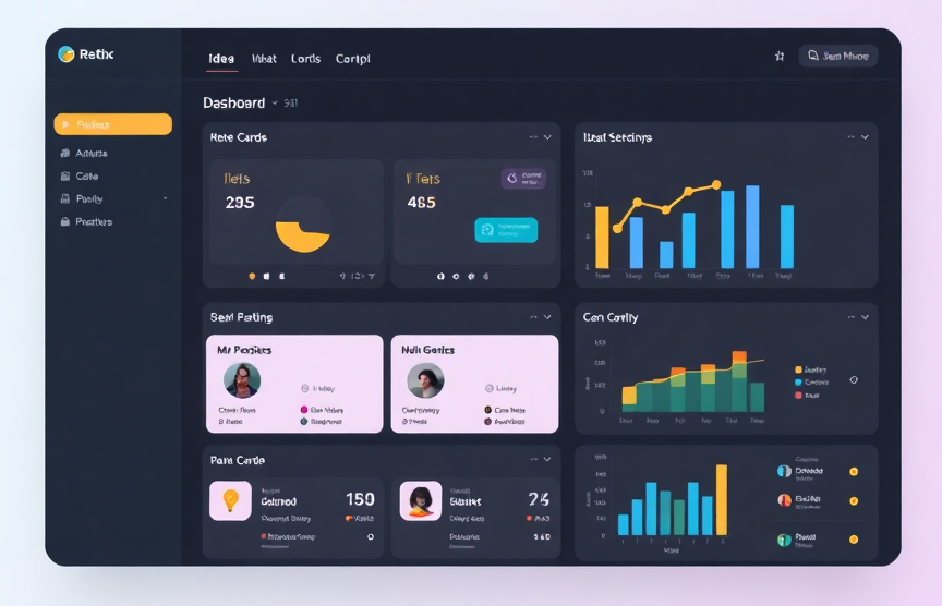 modern UI dashboard showing idea management platform with cards, charts, and collaboration features, minimal design style